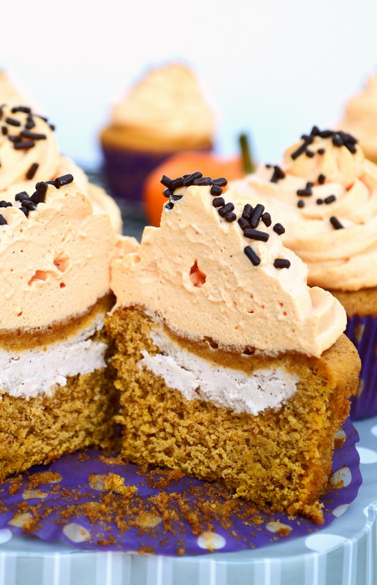 Cream Cheese Filled Pumpkin Cupcakes With Maple Whipped Cream - Breezy ...